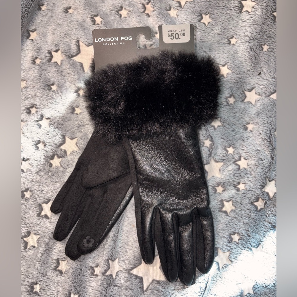 London Fog Women's Black Fur-Trimmed Faux leather Gloves